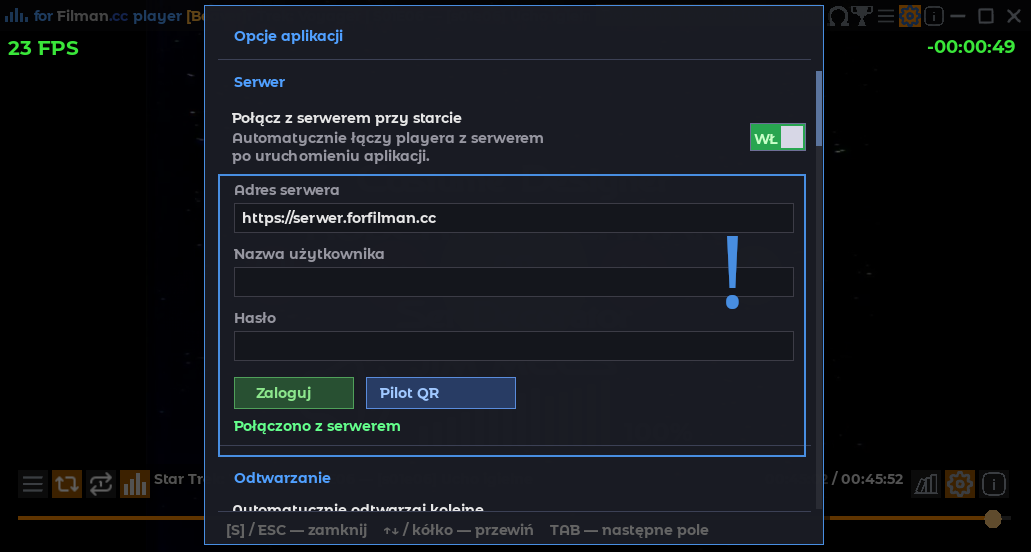 Okno konfiguracji połączenia z serwerem w odtwarzaczu Beaver